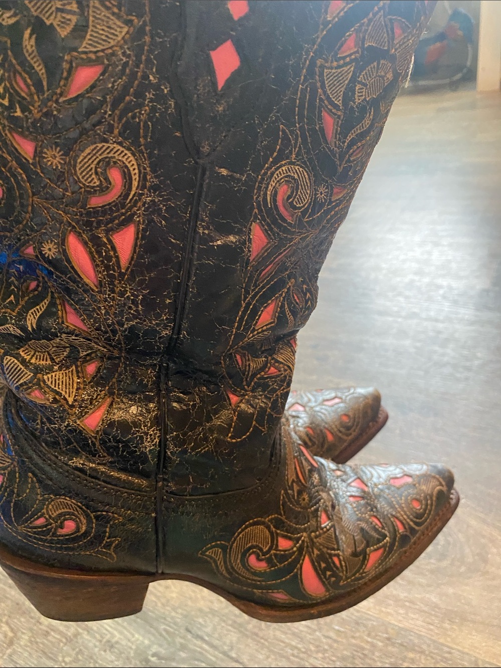 Women's Black Leather Cowboy Boots with Pink Embroidered Insets - Picture 10 of 16